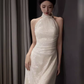 Robe de bal longue sirène blanche, décolleté haut, Vintage, C32