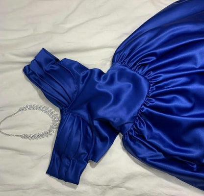 Sexy A line Off The Shoulder Royal Blue Prom Dress With Pleated Long Satin Prom Dresses Party Dress C3300