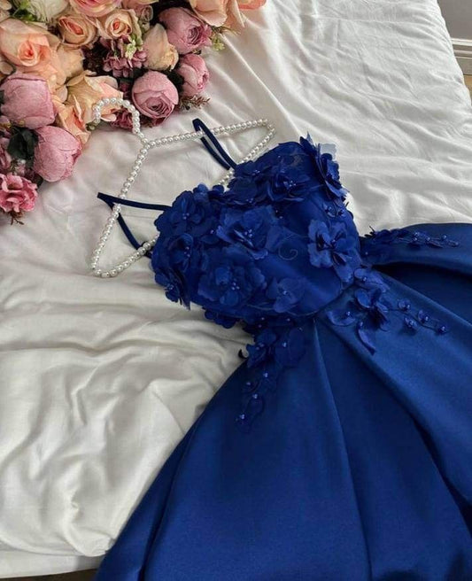 Classy A Line Spaghetti Straps Royal Blue Flowers Party Dress Prom Dresses Evening Dress C3301