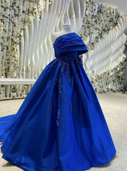 Sexy Ball Gown Strapless Royal Blue Prom Dress With Pleated Long Satin Prom Dresses Party Dress C3303