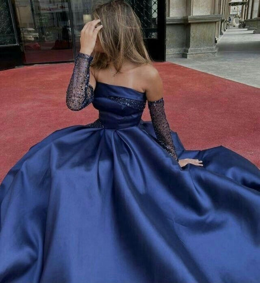 Classy A Line Strapless Long Sleeves Navy Blue Long Satin Party Dress Prom Dresses Evening Dress C3304