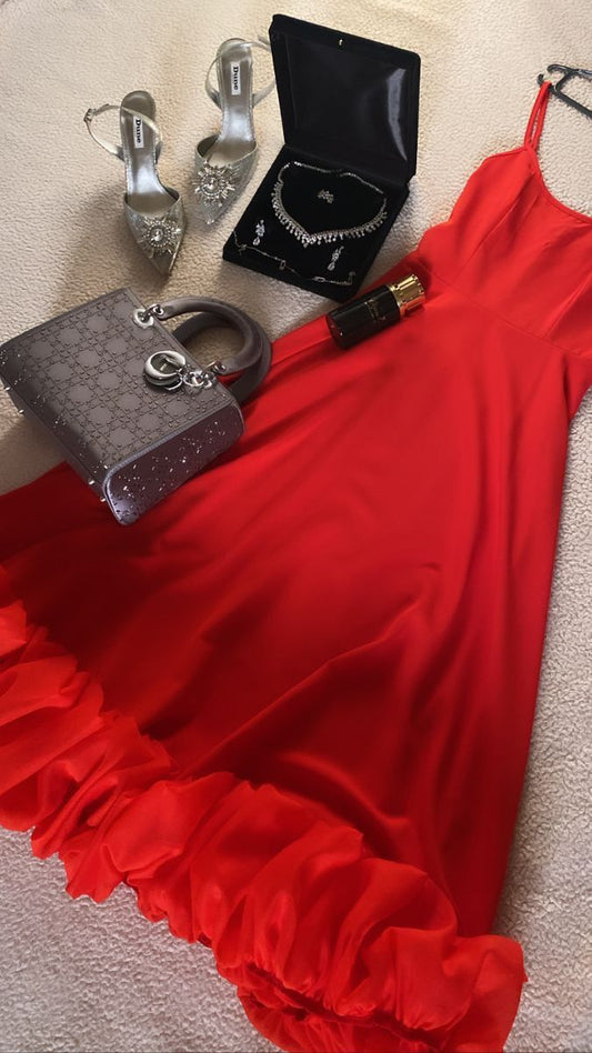 Classy A Line Spaghetti Straps Red Flowers Party Dress Prom Dresses Evening Dress C3305