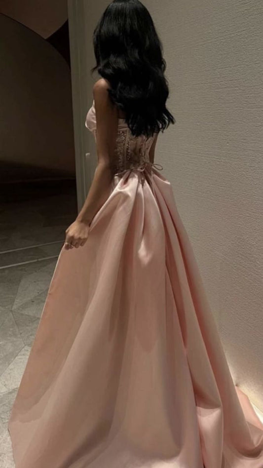Classy A Line Strapless Pink Long Satin Party Dress Prom Dresses Evening Dress C3306
