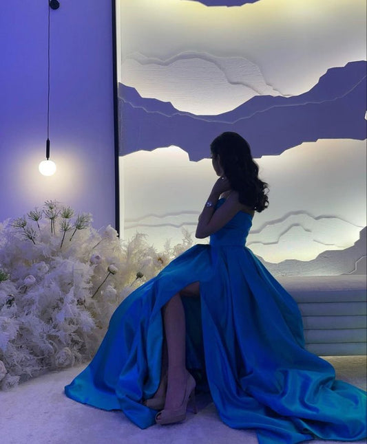 Sexy Ball Gown Strapless Royal Blue Prom Dress With Pleated Long Satin Slit Prom Dresses Party Dress C3307
