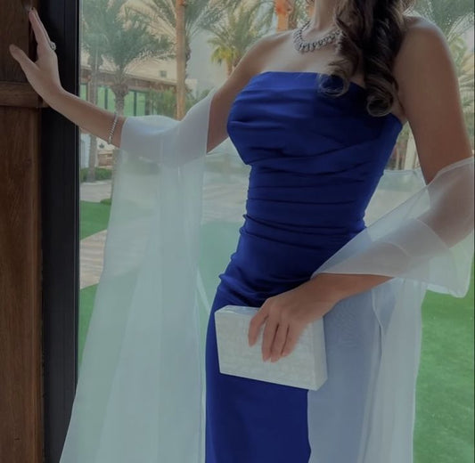Sexy Sheath Strapless Royal Blue Prom Dress With Pleated Long Satin Prom Dresses Party Dress C3309