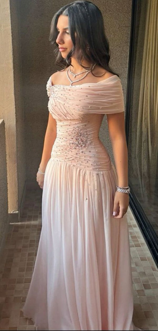 Classy A Line Off The Shoulder Chiffon Pink Long Party Dress Prom Dresses Evening Dress C3310