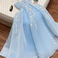 Sexy A line Strapless Light Sky Blue Organza Prom Dress With Appliques Long Prom Dresses Party Dress C3312