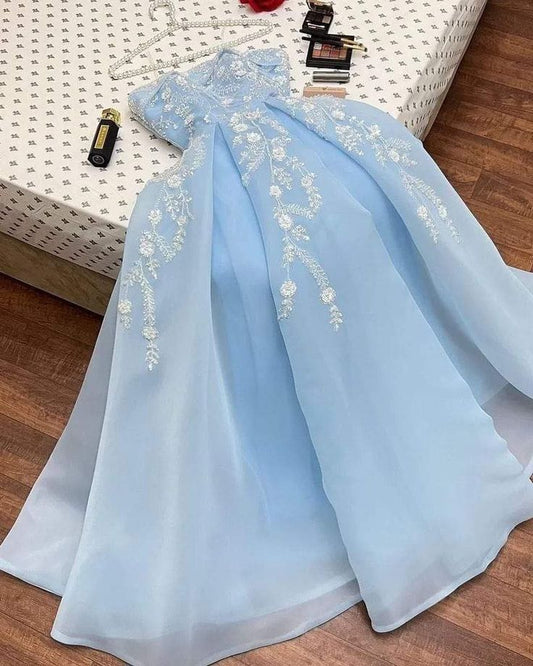 Sexy A line Strapless Light Sky Blue Organza Prom Dress With Appliques Long Prom Dresses Party Dress C3312