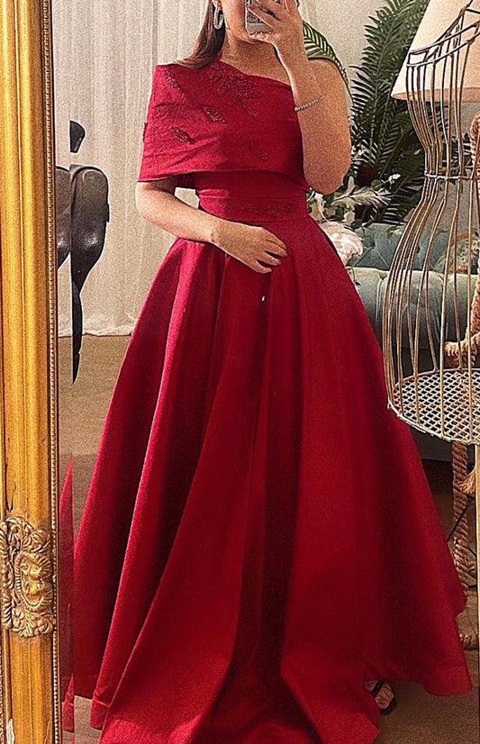 Classy A line One Shoulder Half Sleeves Red Long Party Dress Prom Dresses Evening Dress C3316