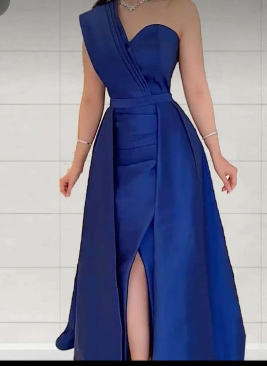 Classy A line One Shoulder Royal Blue Satin Long Party Dress Prom Dresses Evening Dress C3319