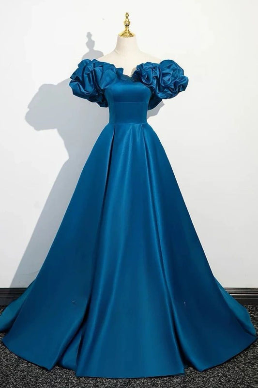 Classy A line Off The Shoulder Blue Satin Long Party Dress Prom Dresses Evening Dress C3324