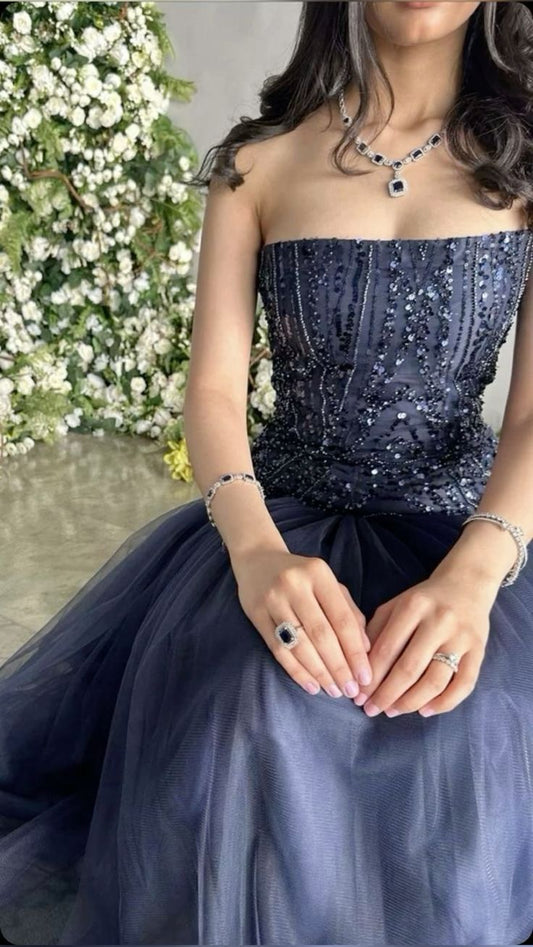 Sexy Mermaid Strapless Navy Blue Evening Dress Long Prom Dresses Party Dress With Beads C3325