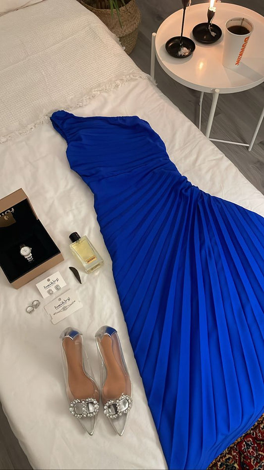 Classy Sheath One Shoulder Royal Blue Chiffon Long Party Dress Prom Dresses Evening Dress C3326