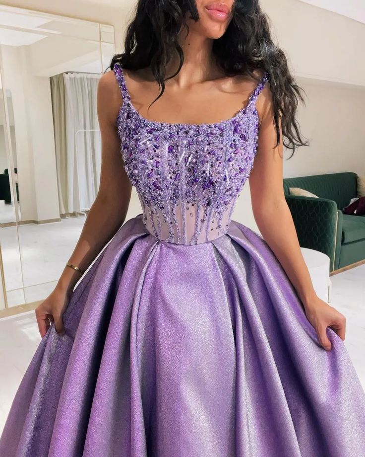 Classy A Line Spaghetti Straps Lilac Satin Long Party Dress Prom Dresses Evening Dress C3328