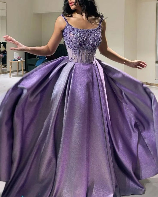 Classy A Line Spaghetti Straps Lilac Satin Long Party Dress Prom Dresses Evening Dress C3328