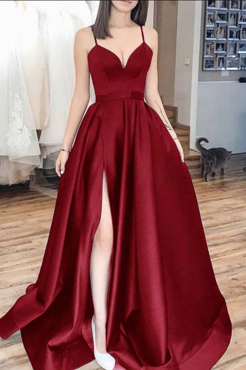 Elegant A-Line Spaghetti Straps Red Satin Long Prom Dress Slit Prom Dresses C3329