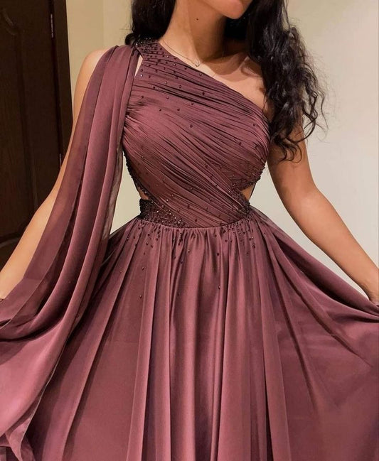 Classy A Line One Shoulder Brown Satin Long Party Dress Prom Dresses Evening Dress C3330