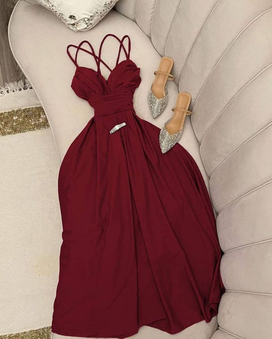 Elegant A-Line Spaghetti Straps Red Long Prom Dress Evening Dresses C3332