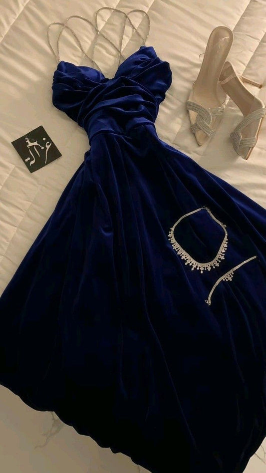 Elegant A Line Royal Blue Velvet Slit Long Prom Dress Evening Dresses C3338