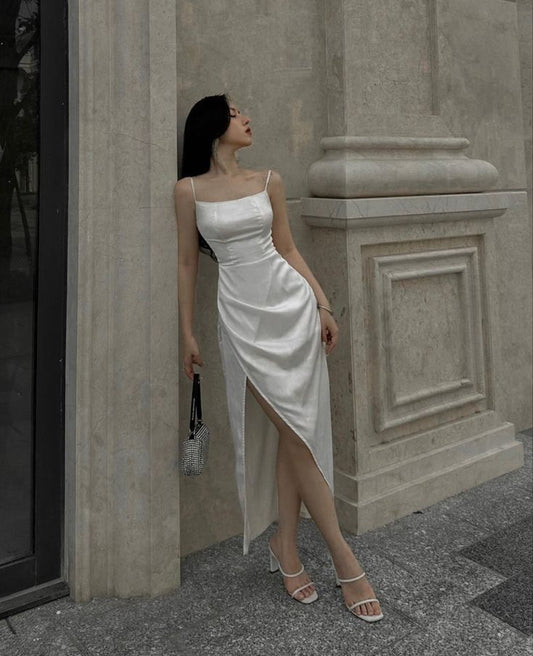 Elegant A Line Spaghetti Straps Ivory Slit Long Prom Dress Evening Dresses C3339