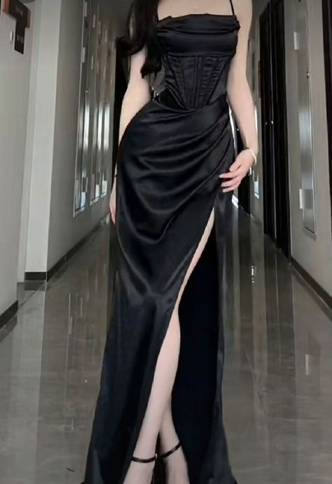 Elegant Sheath Spaghetti Straps Black Slit Long Prom Dress Evening Dresses C3341
