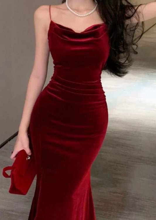 Elegant Sheath Spaghetti Straps Red Velvet Long Prom Dress Evening Dresses C3342