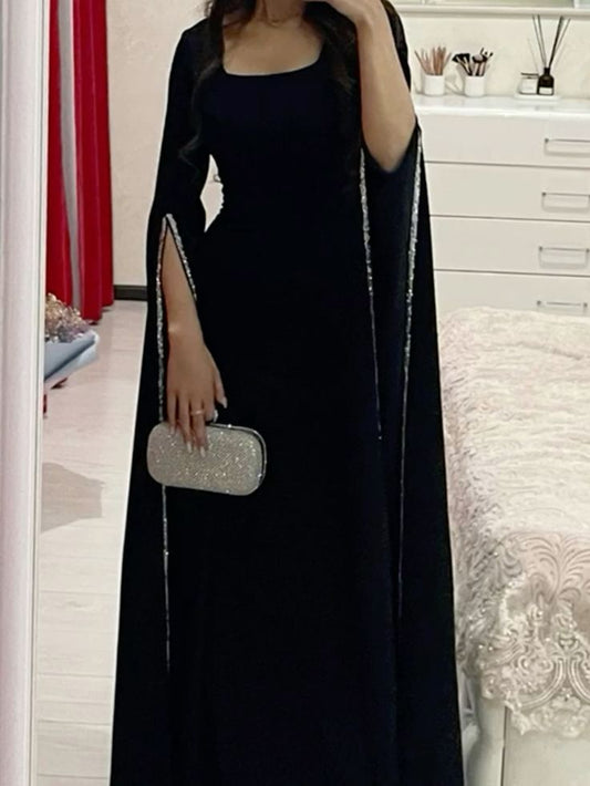 Classy Sheath Square Neckline Long Sleeves Black Long Party Dress Prom Dresses Evening Dress C3344