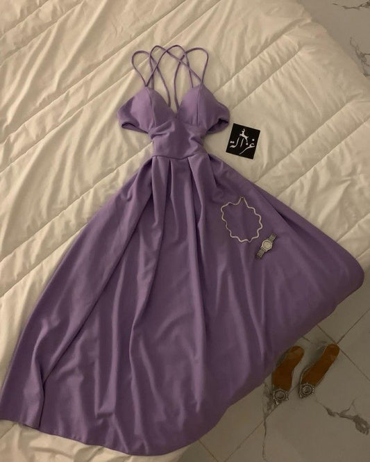 Elegant A Line Spaghetti Straps Lilac Long Prom Dress Evening Dresses C3346