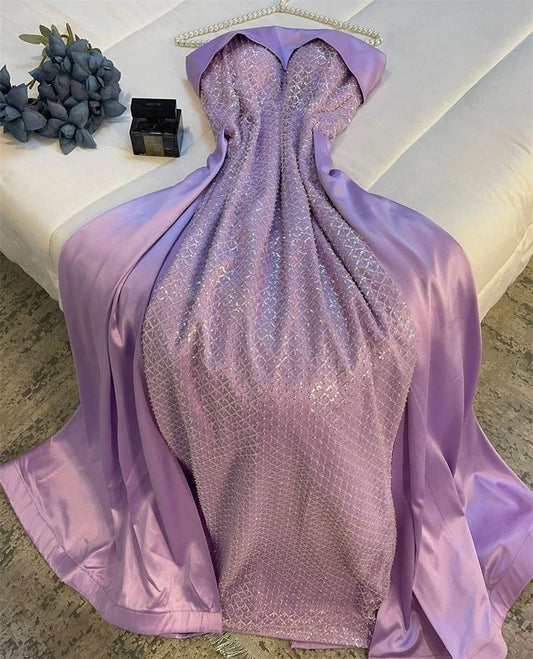Classy Sheath Strapless Long Lilac Satin Party Dress Prom Dresses Evening Dress C3347