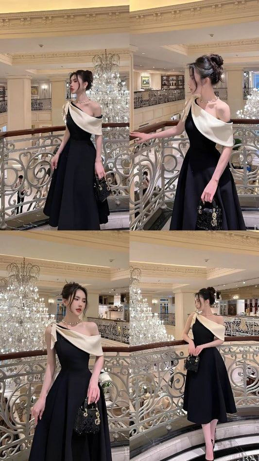 Elegant A Line One Shoulder Black Satin Bow Prom Dress Evening Dresses C3348