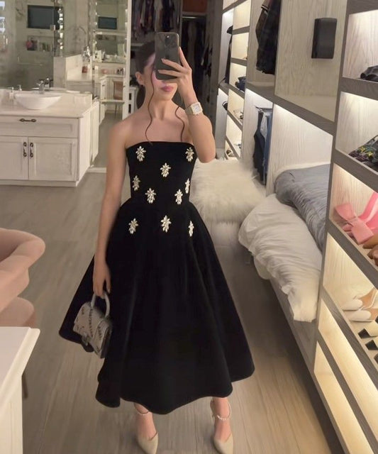 Classy Ball Gown Strapless Black Satin Party Dress Prom Dresses Evening Dress C3350