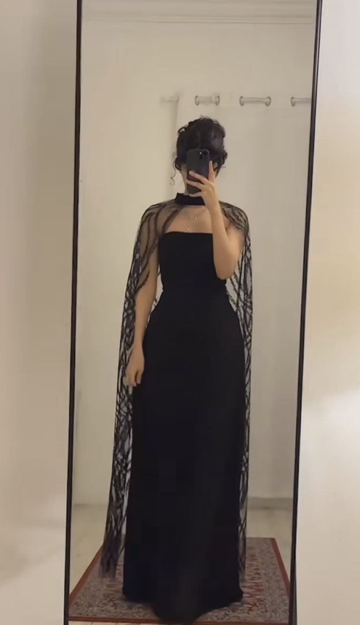 Elegant A Line Strapless Black Satin Prom Dress Evening Dresses With Cape C3351