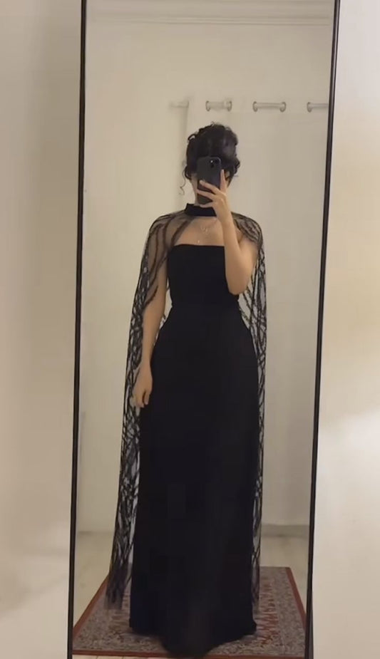 Elegant A Line Strapless Black Satin Prom Dress Evening Dresses With Cape C3351