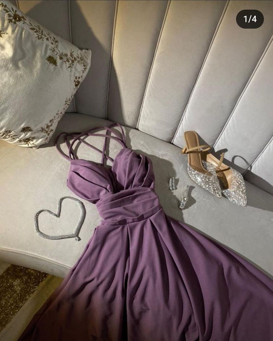 Elegant A Line Spaghetti Straps Lilac Long Prom Dress Evening Dresses C3352