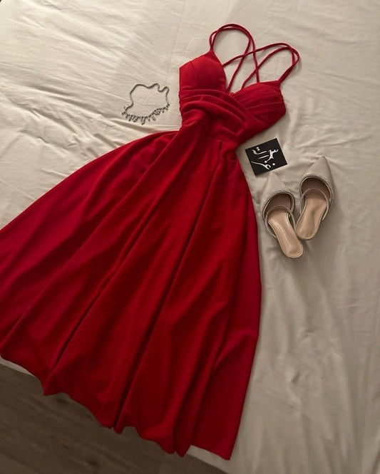 Elegant A Line Spaghetti Straps Red Long Prom Dress Evening Dresses C3355