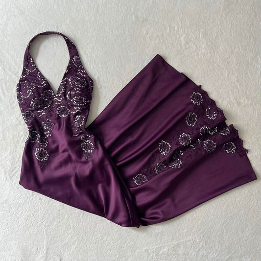 Classy A Line Halter Grape Satin Party Dress Prom Dresses Evening Dress C3356