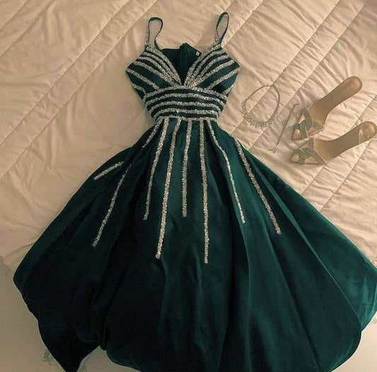 Elegant A Line Spaghetti Straps Dark Green Long Prom Dress Evening Dresses C3359