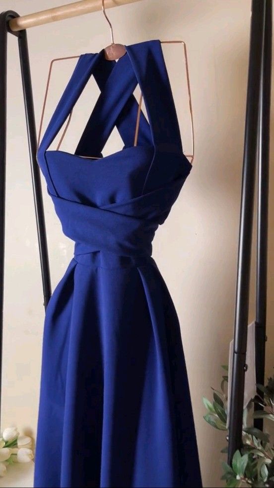 Elegant A Line Halter Royal Blue Satin Prom Dress Evening Dresses With Ruffles C3361