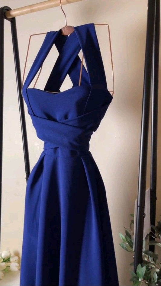 Elegant A Line Halter Royal Blue Satin Prom Dress Evening Dresses With Ruffles C3361