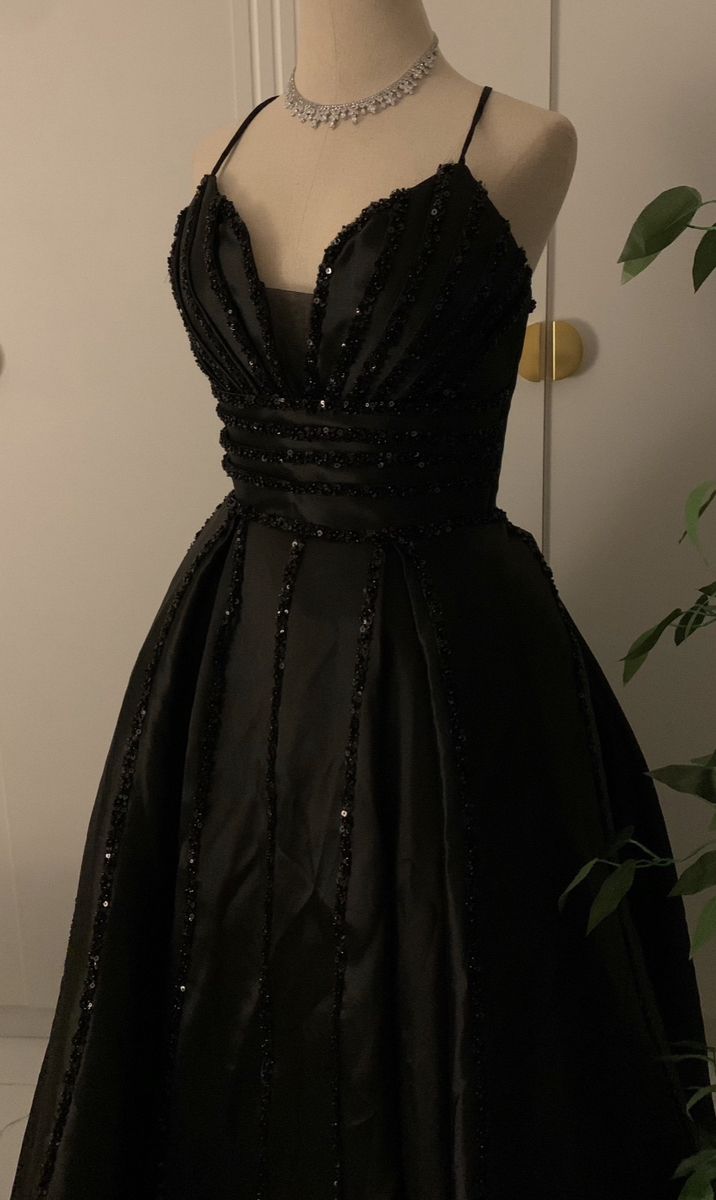 Elegant A Line Spaghetti Straps Black Satin Long Prom Dress Evening Dresses C3362