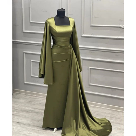 Elegant Sheath Square Neckline Olive Green Satin Long Prom Dress Evening Dresses With Ruffles C3368