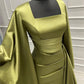 Elegant Sheath Square Neckline Olive Green Satin Long Prom Dress Evening Dresses With Ruffles C3368