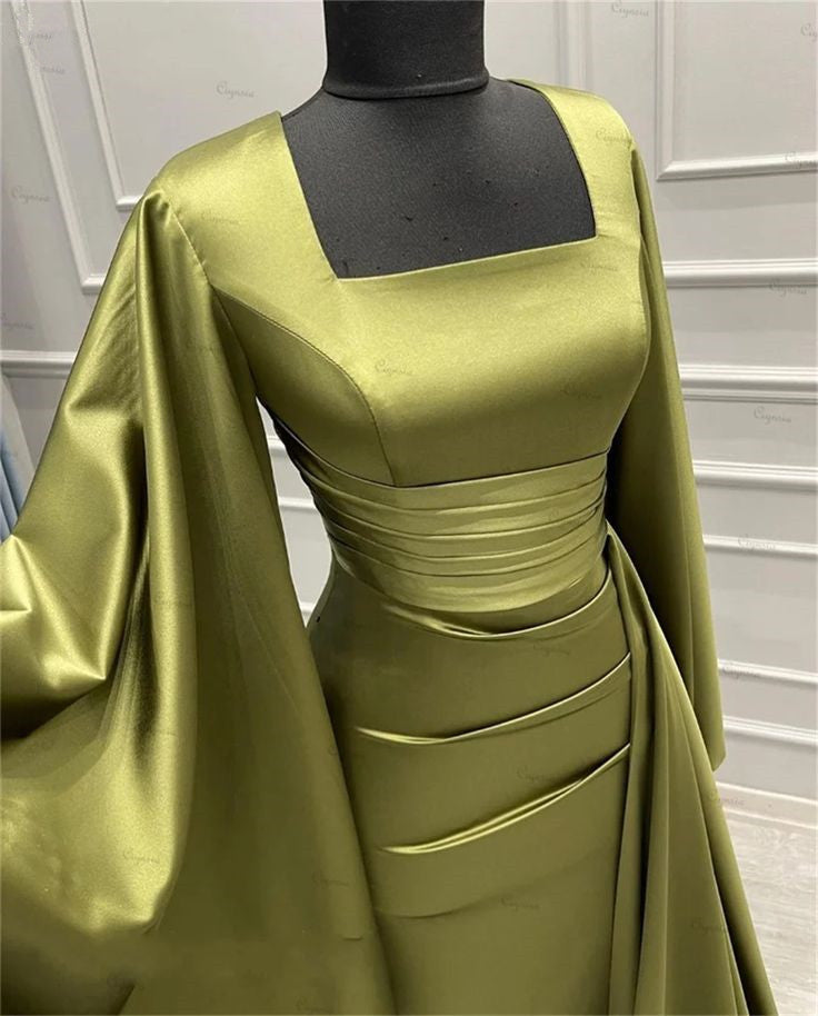 Elegant Sheath Square Neckline Olive Green Satin Long Prom Dress Evening Dresses With Ruffles C3368