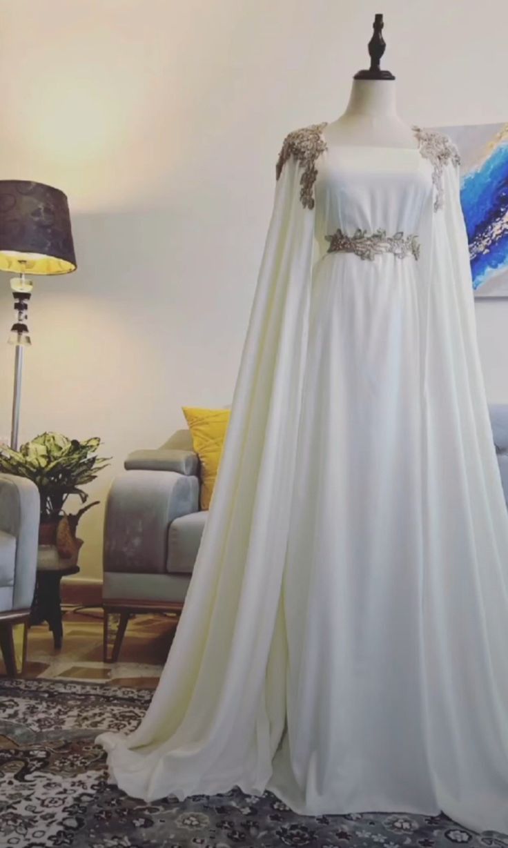 Elegant A Line Square Neckline White Chiffon Long Prom Dress Evening Dresses With Appliques C3370
