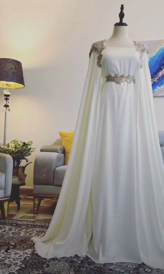 Elegant A Line Square Neckline White Chiffon Long Prom Dress Evening Dresses With Appliques C3370