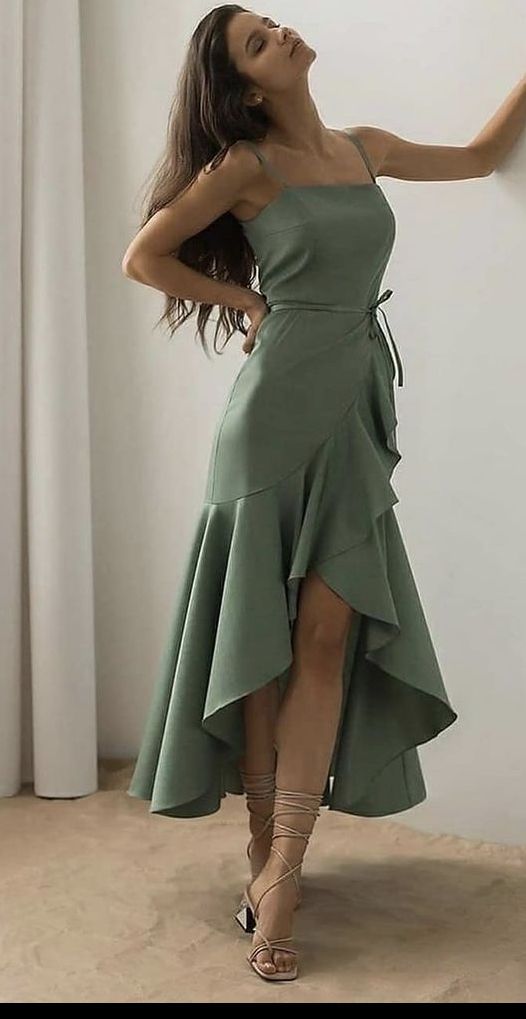 Elegant High Low Spaghetti Straps Satin Tea Length Green Prom Dress Evening Dresses C3371