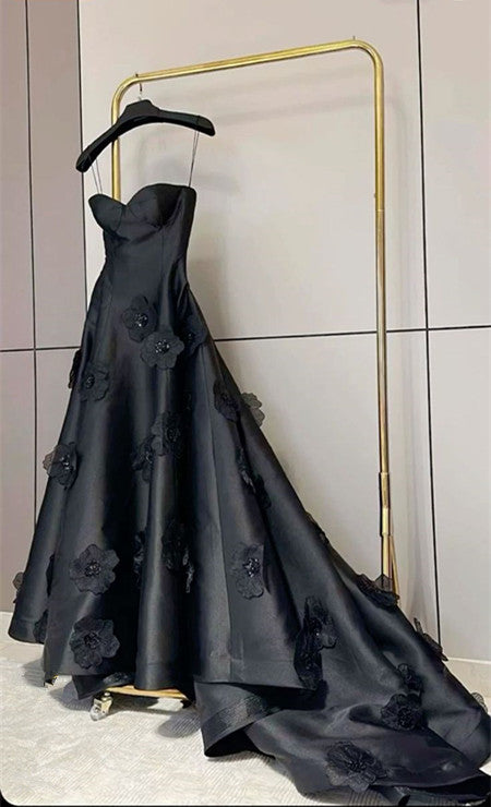 Pretty A line Sweetheart Black Satin Prom Dress Evening Dresses With Flowers C3373
