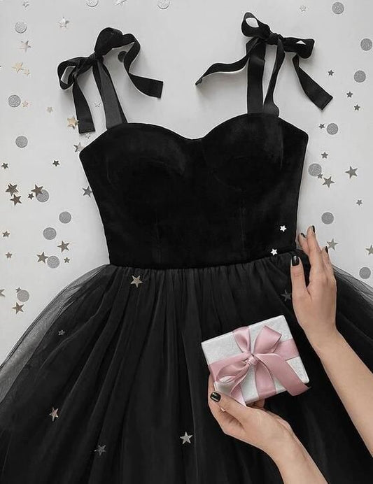 Pretty A line Straps Velvet Black Top Tulle Prom Dress Evening Dresses C3375