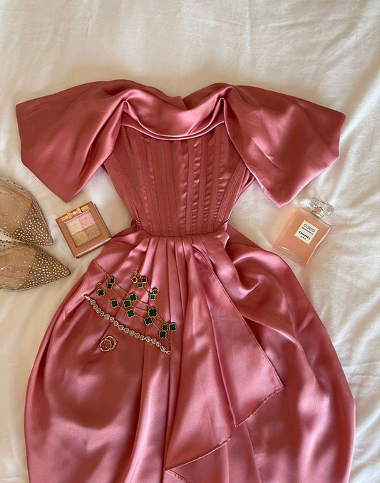 Pretty A line Off The Shoulder Pink Satin Long Prom Dress Evening Dresses C3378