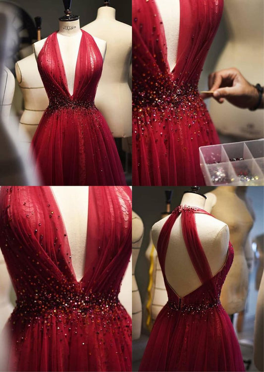 Elegant A Line V Neckline Red Tulle Long Prom Dress Evening Dresses With Beads C3379